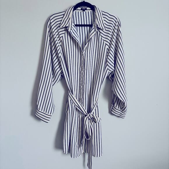 Express Dresses & Skirts - Express Black & Cream Striped Long Sleeve Shirt Dress with Tie Waist, Size M